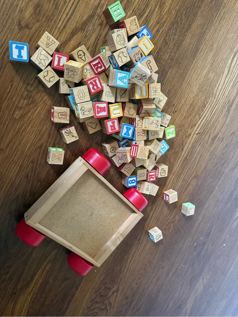 Wooden Alphabet & Number Pull Toy with Red, Blue, Green, Yellow Blocks